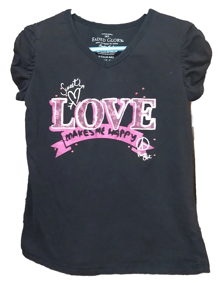Girls Faded Glory Black Graphic Design Shirt Size S(6) - Image 1 of 1