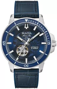 Bulova Men's Marine Star Automatic Blue Leather and Silicon Watch 45 MM 96A291 - Picture 1 of 4