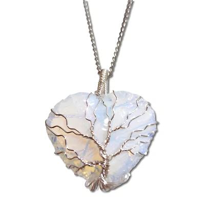 Opalite Heart Pendant White Gemstone Wired Tree of Life 33 Inch Chain Jewellery - Image 1 of 4