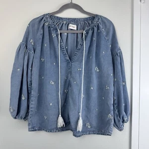 Driftwood Stacey Floral Embroidered Denim V-neck Shirt In Blue Womens Sz L - Picture 1 of 7