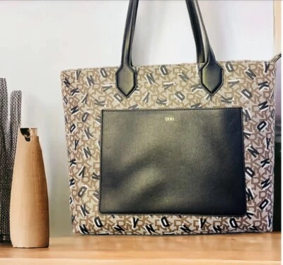 NWT DKNY Signature Monogram Brown Black White Large Tote Satchel Bag - Image 1 of 4