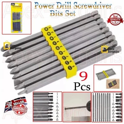 9pc 150mm Extra Long Power Drill Screwdriver Bits Slotted Phillips Pozi 1/4" Hex - Image 1 of 4