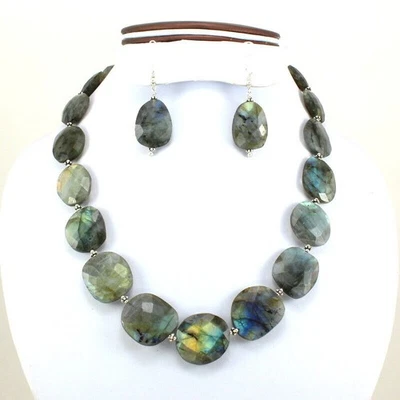 COLLANA ARGENTO STERLING 925 MASSICCIO PIETRA PREZIOSA LABRADORITE NATURALE... - Immagine 1 di 2