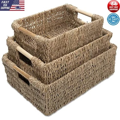 Seagrass Baskets W/ Wooden Handles Decorative Natural Wicker Baskets Kitchen New - Image 1 of 4