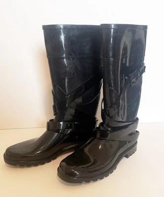 BURBERRY WOMENS SZ 41 US 10 BLACK TALL RUBBER RAIN BOOTS BELTED BUCKLE - Image 1 of 4