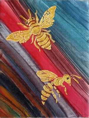 Textured Bee Art Gold Insects on Abstract Background 9x12 Hornets Oil Painting - Image 1 of 4