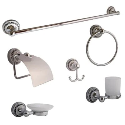 Set 6 accessori da bagno cromo cromati e vetro satinato arredo vintage 52438 - Immagine 1 di 4