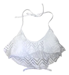 So Size XSmall Small Medium White Crochet Ruffle Flounce Halter Bikini Swim Top - Picture 1 of 2