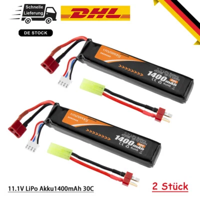 2 Stücke 11,1V LiPo Akku 1400mAh 30C T Stecker auf Mini Tamiya Kabel für Airsoft - Bild 1 von 4