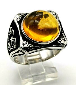 Handmade Men's 925 Sterling Silver Ring Size 12 Amber 