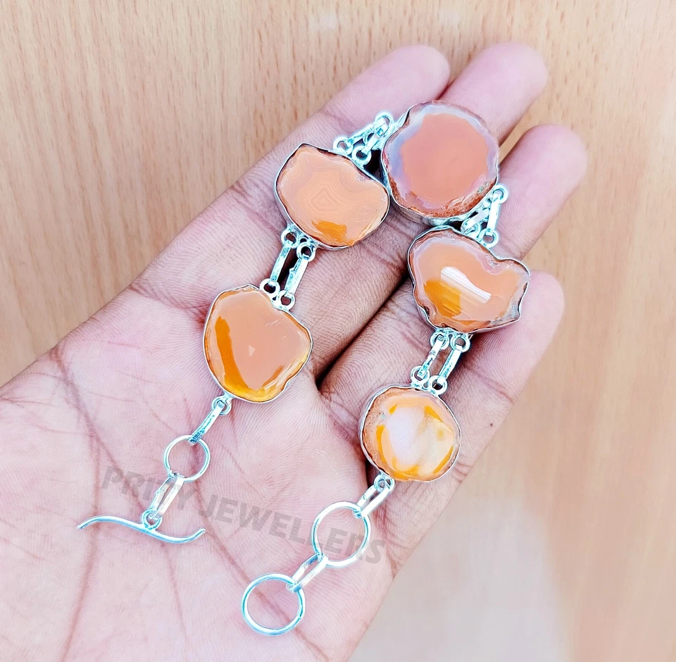 Pulsera de piedras preciosas de ágata naranja de plata de ley 925 hecha a mano joyería ajustable Foto 1 de 4