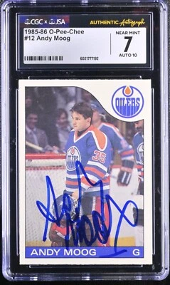Andy Moog 1985-86 O-Pee-Chee Card #12 OPC Edmonton Oilers CGC 7 JSA 10 Auto - Image 1 of 2