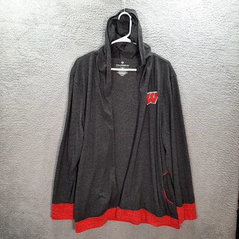 Wisconsin Badgers Shirt Womens 3XL Gray Red Open Front Shrug Long Sleeve Hoodie Cover