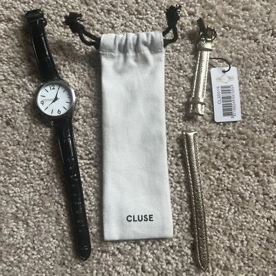 Женские часы CLUSE (белое лицо/серебристая отделка/черный ремешок) с дополнительным новым золотым ремешком - Изображение 1 из 4