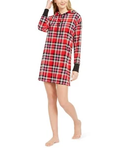 Betsey Johnson Women's Velour Plaid Hooded Sleepshirt Nightgown, Red Multicolor - Picture 1 of 6