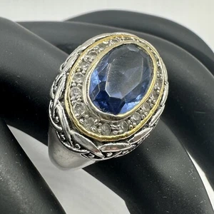 Silber & Gold zweifarbiger Ring mit blauen ovalen Strasssteinen Größe 7 - Bild 1 von 7