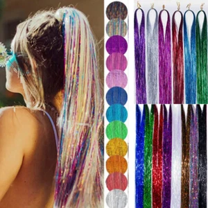Long Straight Hair Extensions Glitter Tinsel False Hair with Clip Colorful Hair∂ - Picture 1 of 36