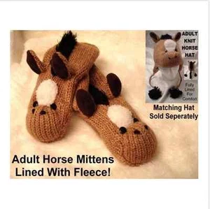 deLux BEIGE HORSE MITTENS knit ADULT mens womens FLEECE LINED mitts HAT SEPARATE - Picture 1 of 5