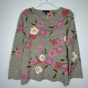 Vintage Northern Isles V Neck Sweater Womens L Floral Linen blend Art Blossoms - Picture 1 of 12