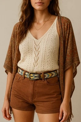 Женский холщовый ремень бохо ацтеков в западном стиле с двойными люверсами отделка коричневая кожа - Изображение 1 из 4