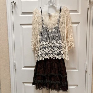 VTG Dress Women Med Brown Lace Crochet Boho Cottage Core Layered Outfit 2 Pc Set - Picture 1 of 17