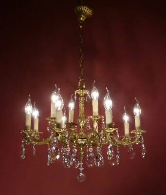 CHANDELIER 10 LAMP, BRASS DECOR, FRENCH STYLE - CRYSTAL ANTIQUE 2 TIERS Ø 27" — 第 1/4 张图片