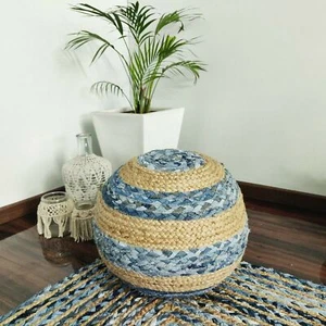 Pouf Cover Ottoman Jute Denim Braided Style Décor living Room Foot Stool Cover - Picture 1 of 7