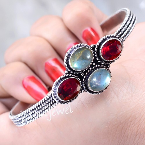 VALENTINO Bracciale regalo famiglia argento sterling 925 pietra preziosa taglio labradorite e granato