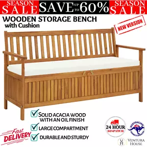 Storage Bench Chair w/ Cushion Wooden Outdoor Garden Furniture Patio Acacia Wood - Picture 1 of 12