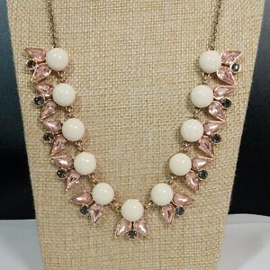 J CREW Chunky Gold Tone Necklace With Cream Cabochon Pink & Gray Rhinestones 