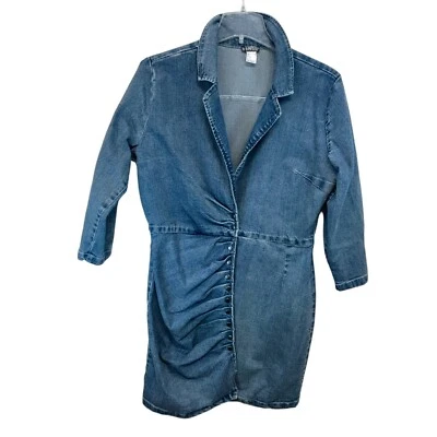 Vestido de mezclilla azul Venus Jean elástico ceñido al cuerpo sexy fruncido a presión abertura frontal 3/4slv Foto 1 de 4