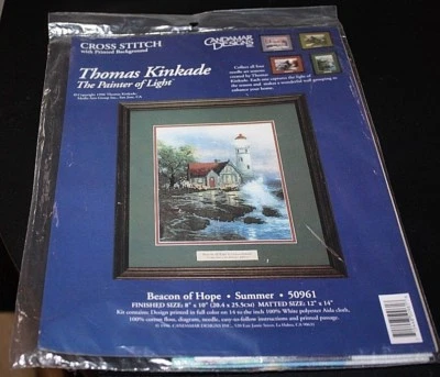New Thomas Kinkade Cross Stitch Kit Lighthouse Beach Printed Fabric 8" x 10"-K-9 - Image 1 of 4