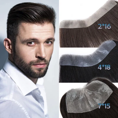 Frontal Hairline Men Toupee Human Hair Forehead M Style Thin Skin Hairpiece 2*16 - Image 1 of 4