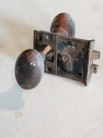 Antique Vintage Brass Oval / Egg Door Knob Set With Door Latch and Strike Plate Cover