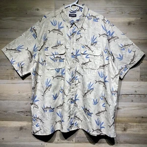 Chaps Fishing Shirt Mens 3XB Beige Mackerel Fish Print Button-Down UPF 50+ - Picture 1 of 7