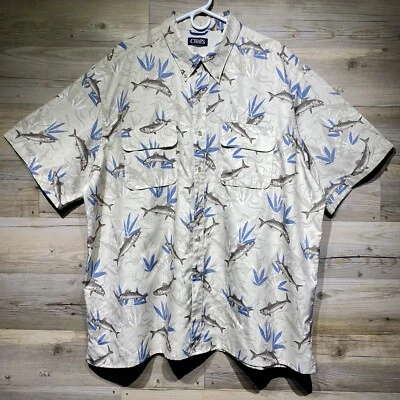 Camisa de Pesca Chaps Para Hombres 3XB Beige Caballa Pez Estampado Abotonada UPF 50+ Foto 1 de 4