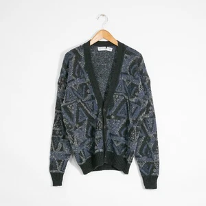 Vintage Jantzen Acrylic Cardigan Sweater Mens Large - Gray Abstract Pattern USA - Picture 1 of 5