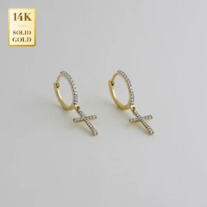 Pendientes colgantes de aro cruzado de diamantes de oro liso de 14 K REAL - Imagen 1 de 11