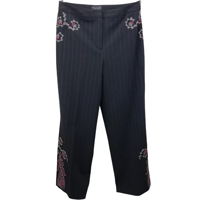 Pantalones para mujer Spenser Jeremy negros a rayas bordados florales acampanados pequeños Foto 1 de 4