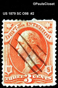 SELLO OFICIAL INTERIOR DEL DEPARTAMENTO DE ESTADOS UNIDOS 1879 SC O98 3¢ WASHINGTON BERMILION UNG FINO #2 - Imagen 1 de 2