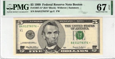 1999 $5 FRN Boston PMG 67EPQ BA* Block Fr. 1987-A* Star Note - Image 1 of 2