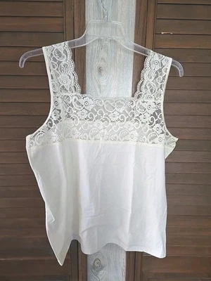 Pink K Vtg Y2K Camisole Top Sz 2X Ivory Lace On Top, Cotton On Bottom Sexy - Image 1 of 4