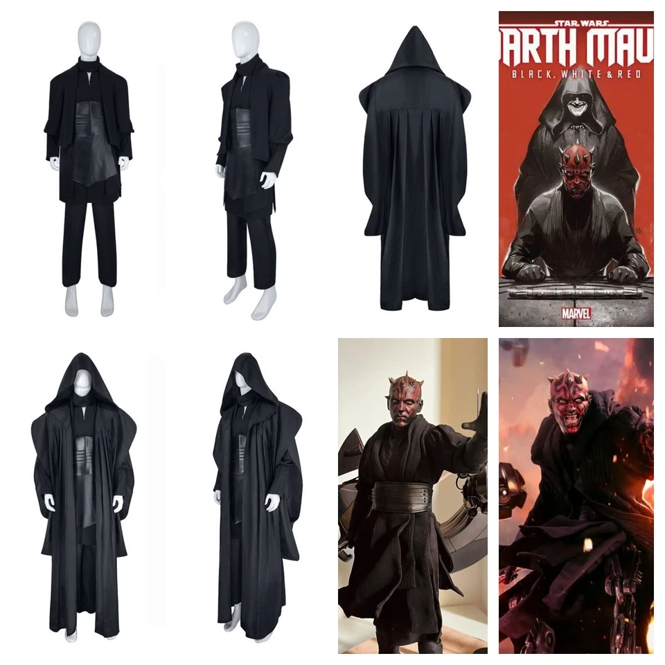 HANDGEFERTIGT Star Wars Darth Maul Cosplay Costume Halloween Black Hooded Cape +Top fullsets
