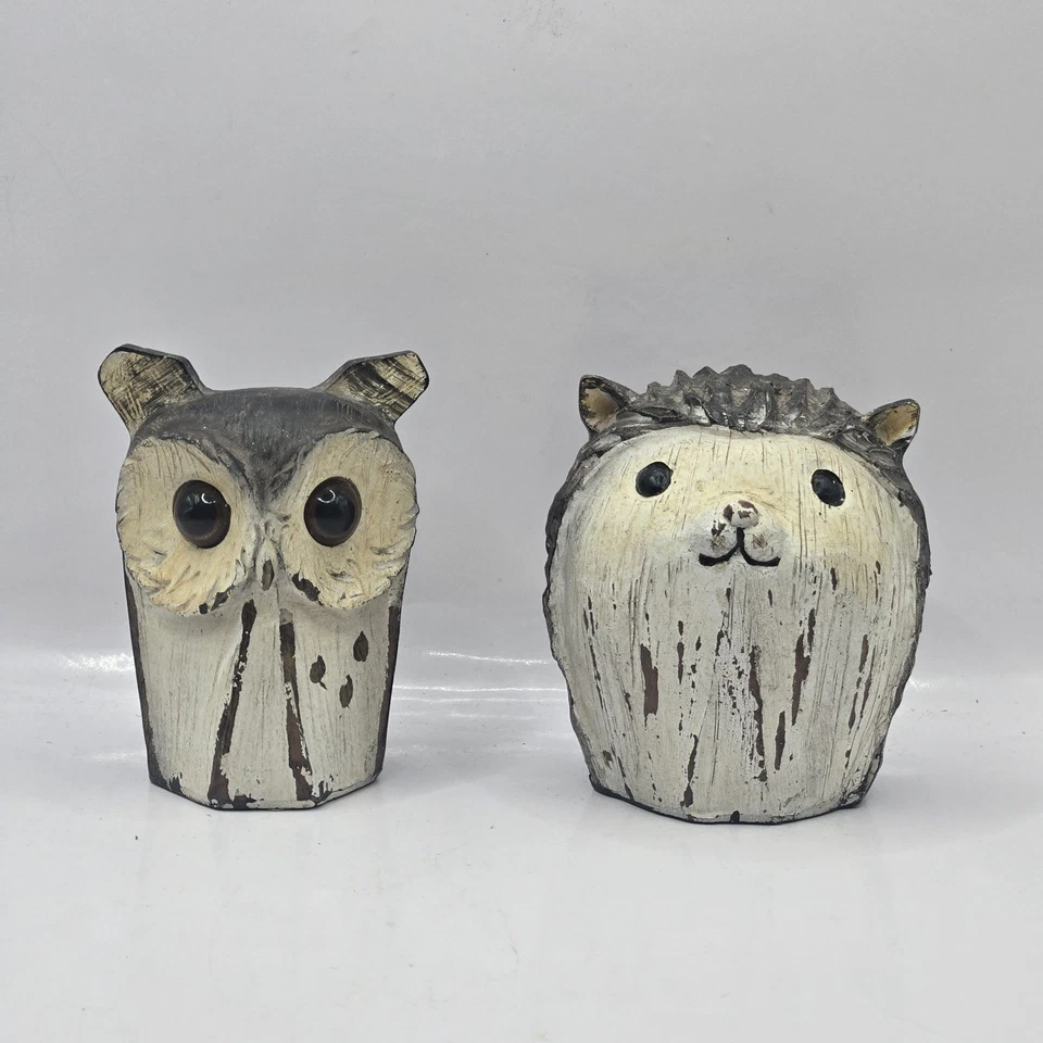Honeybloom Owl & Hedgehog Wood Like  Figurine Desk Shelf Sitter 3” Hand Painted  - Image 1 of 4
