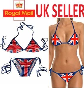 Union Jack Flagge Tie Up String Bikini rot weiß blau 2 Stück GB Oberteil Unterteil Set - Bild 1 von 12