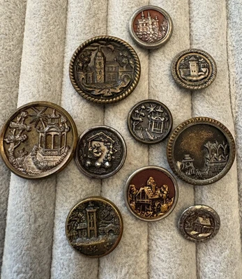 Lote de 10 botones antiguos de metal con cuadro castillo casa arquitectura pagoda Foto 1 de 4