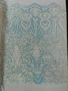 Sea Shell Damask Sequin - Aqua Blue Sequins 4 Way Stretch Mesh By Yard - Picture 1 of 4