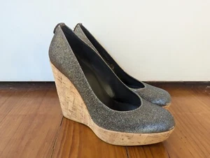 Stuart Weitzman Silver Sparkly Wedges Size 37.5 Made in Spain AS NEW - Picture 1 of 6