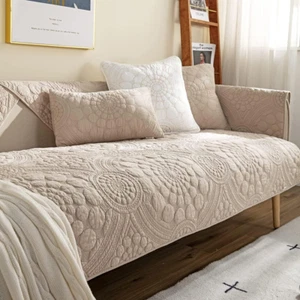 Boho Circle Embroidery Couch Sofa Cover Solid Color Cotton Quilted Non-Slip Sect - Picture 1 of 7