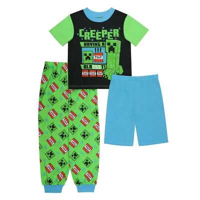 3 PC Minecraft Creeper Pajamas Set Shorts T Shirt Pants Boy 6 8 10 12 M L Zombie - Image 1 of 4